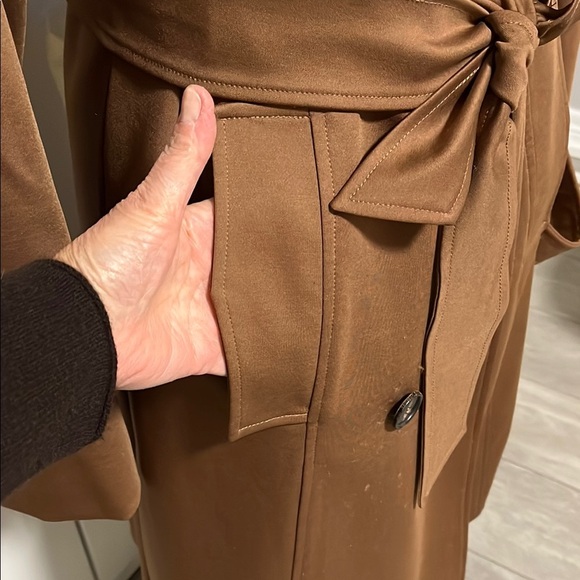 PINK TARTAN NWOT Double-Breasted Brown Trench Coat Lined, Size L - Picture 3 of 11